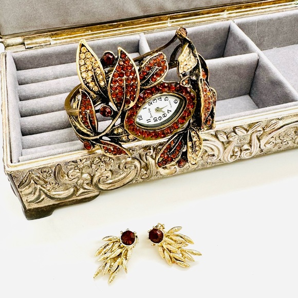 Rhinestone Watch Bracelet & Topaz Earrings - Picture 3 of 14